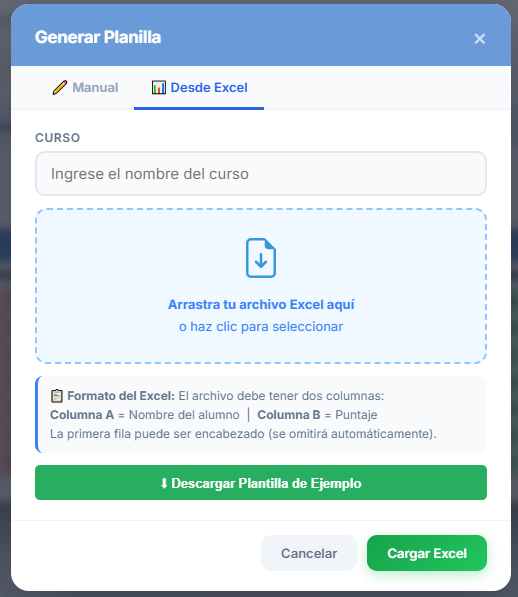 Visualización de la zona de subida de Excel